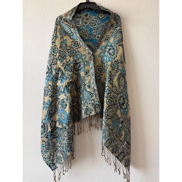 Blue Gold Reversible Silk Blend Shimmery Paisley Pashmina Scarf Shawl 69x27” - Picture 5 of 8